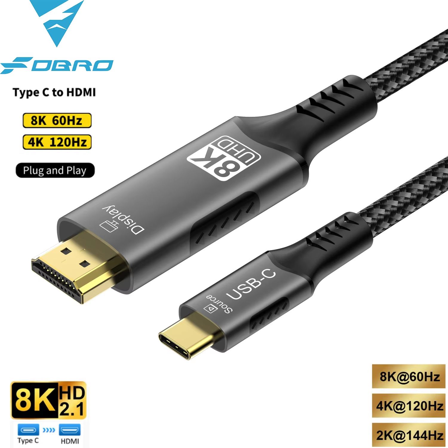 USB-C to HDMI 8K Ultra HD Cable – Type-C to HDMI Adapter for MacBook, iPad, and HDTV Display