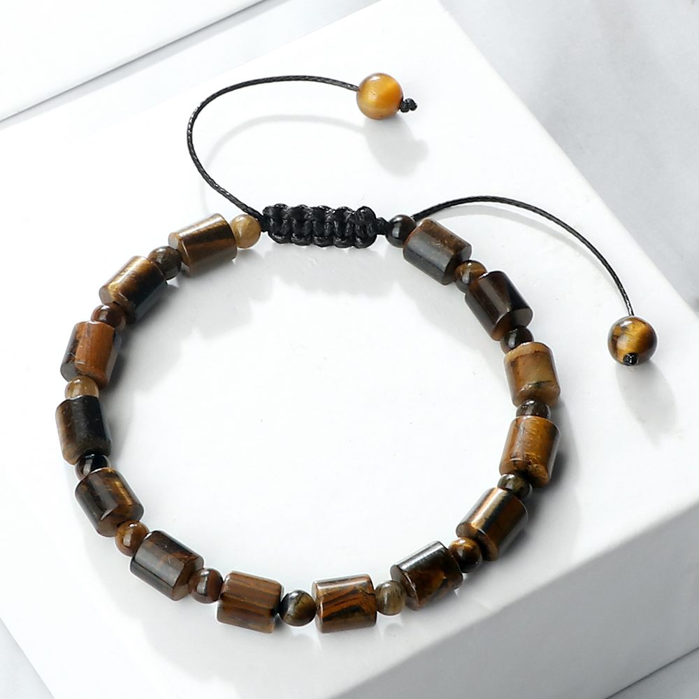 Men Cylindrical Tiger Eye Stone Bracelet, Nature Stripe Agate Beads, Reiki Healing Jewelry, Women Charm Pulsera