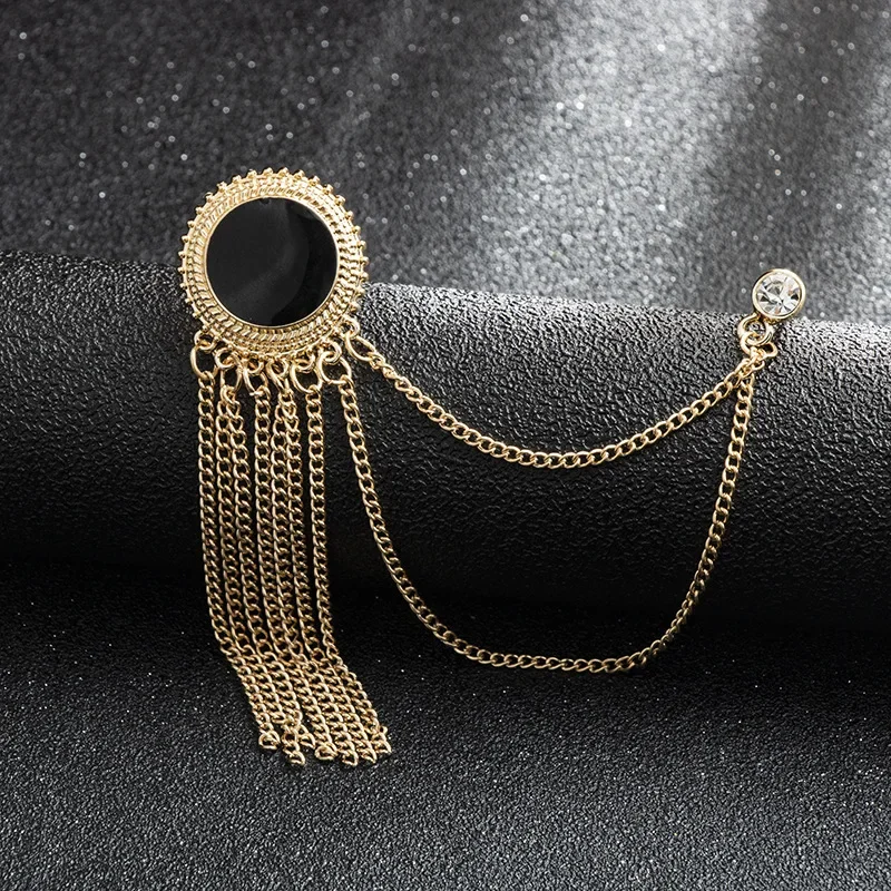 Mens Black Tassel Corsage Brooch – Metal Rhinestone Collar Pin for Suit & Shirt Jewelry