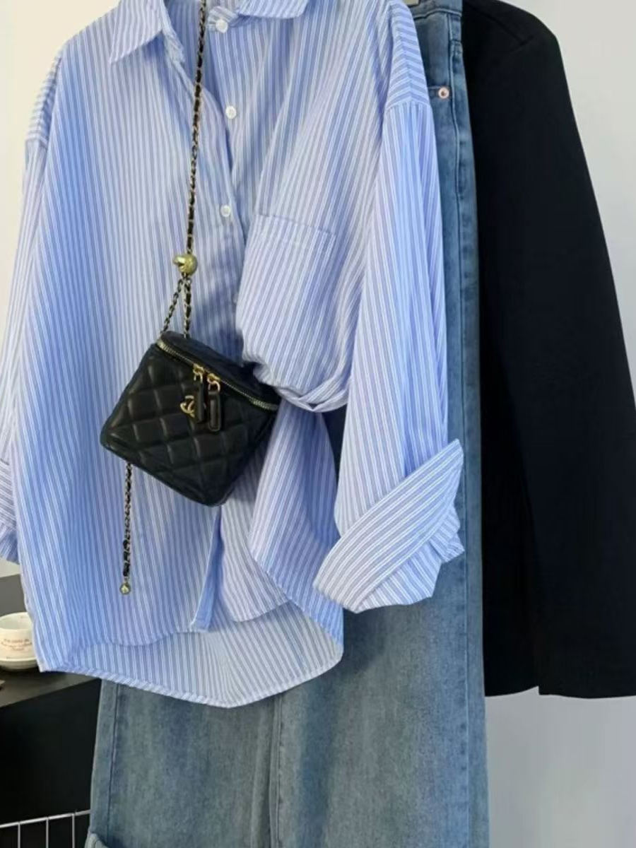 French Vintage Retro Shirt, Lazy Sle Blue Striped Blouse, Womens Long Sleeve Oversized Top for Spring and Autumn