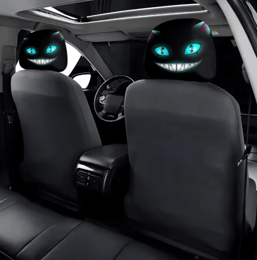 Smiling Cat Car Seat Headrest Pillow Covers – 2pcs Black with Glowing Blue Eyes