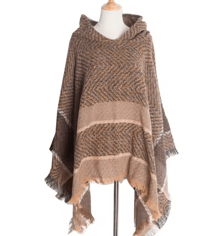 Hooded Fishbone Pattern Women Cape Poncho Autumn Winter Pullover Women Hooded Cloak