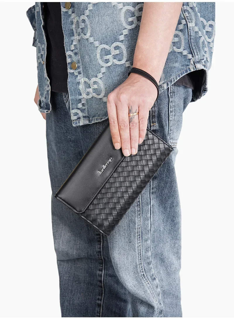 Premium Men's Leather Wallet European American Woven Pattern Multi Card Zipper Clutch