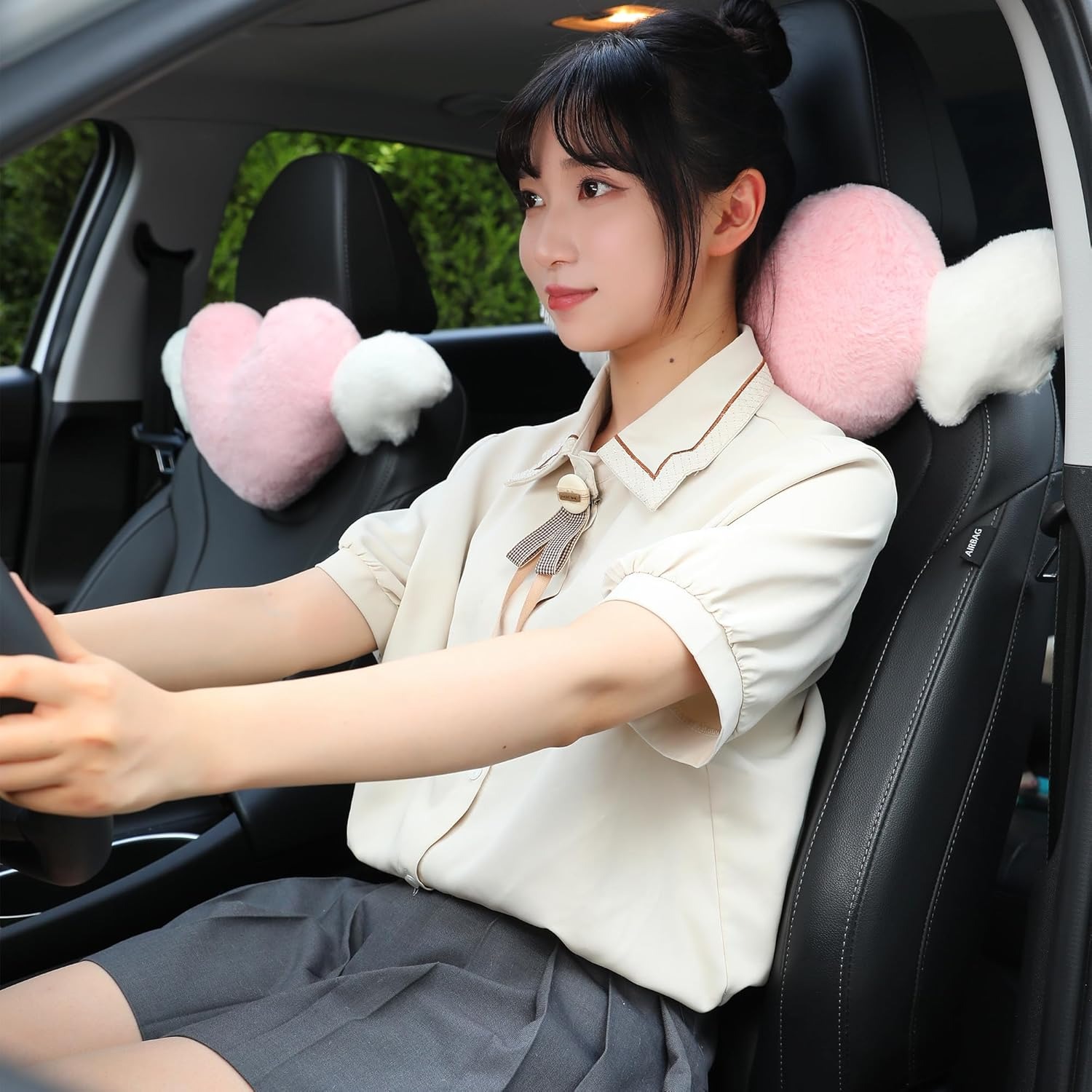 Pink Heart Angel Wings Car Headrest Pillow for Cute Neck Support
