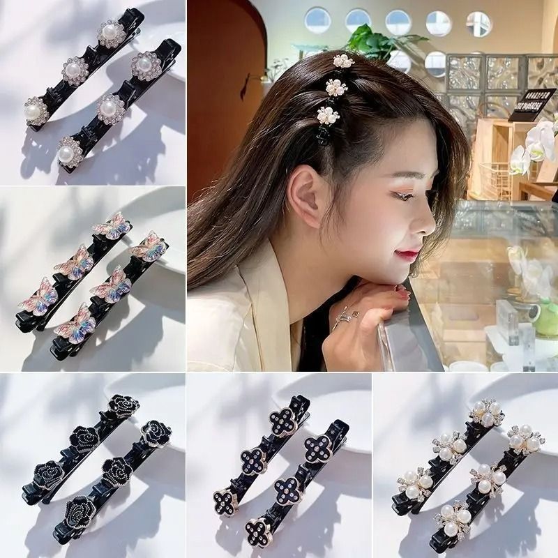 Double Layer Braided Hairclip with Rhinestone and Faux Pearl Accent