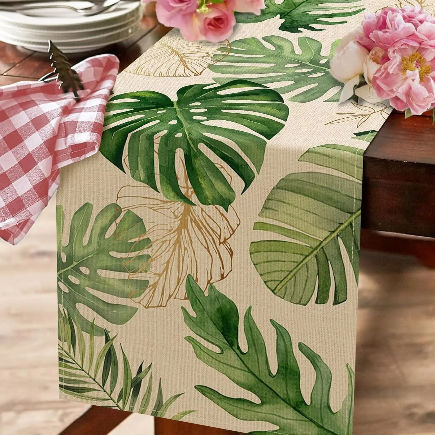 Summer Palm Leaves Tropical Greenery Linen Table Runner – Refreshing Spring Home Decor & Outdoor Botanical Party Runner