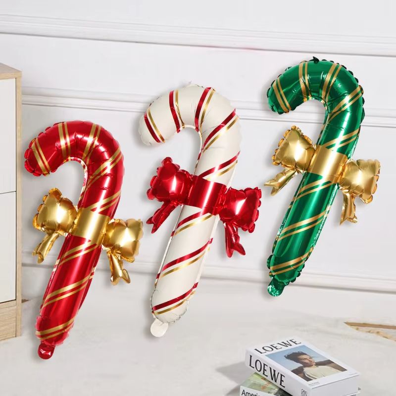 Set of 2 Red, Green & White Christmas Bow Cane Balloons for Holiday Decor