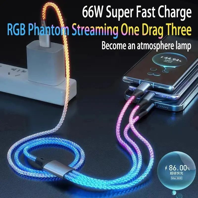 Ultra-Charge 6A Fast Charging 3 in 1 charging cable with RGB Light – Universal Multi-Device Sync & Power