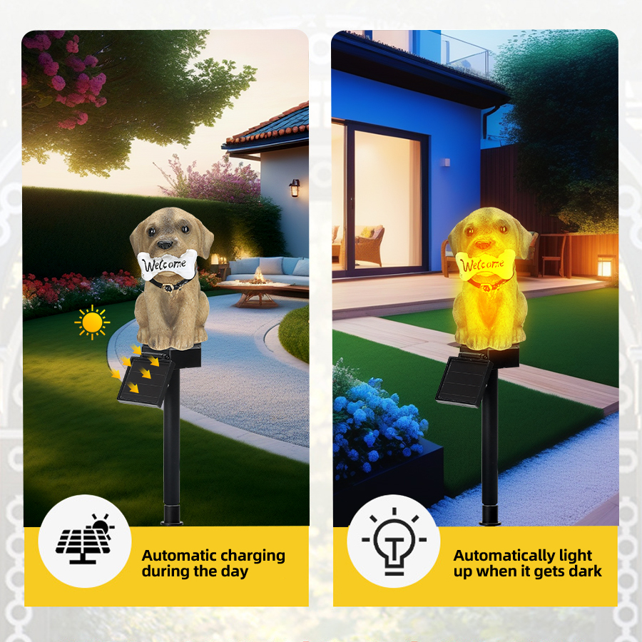 Mini Cute Puppy Solar Outdoor Decor, LED Solar Lawn Lights for Garden Pathway, Resin Dog Yard Light Statue