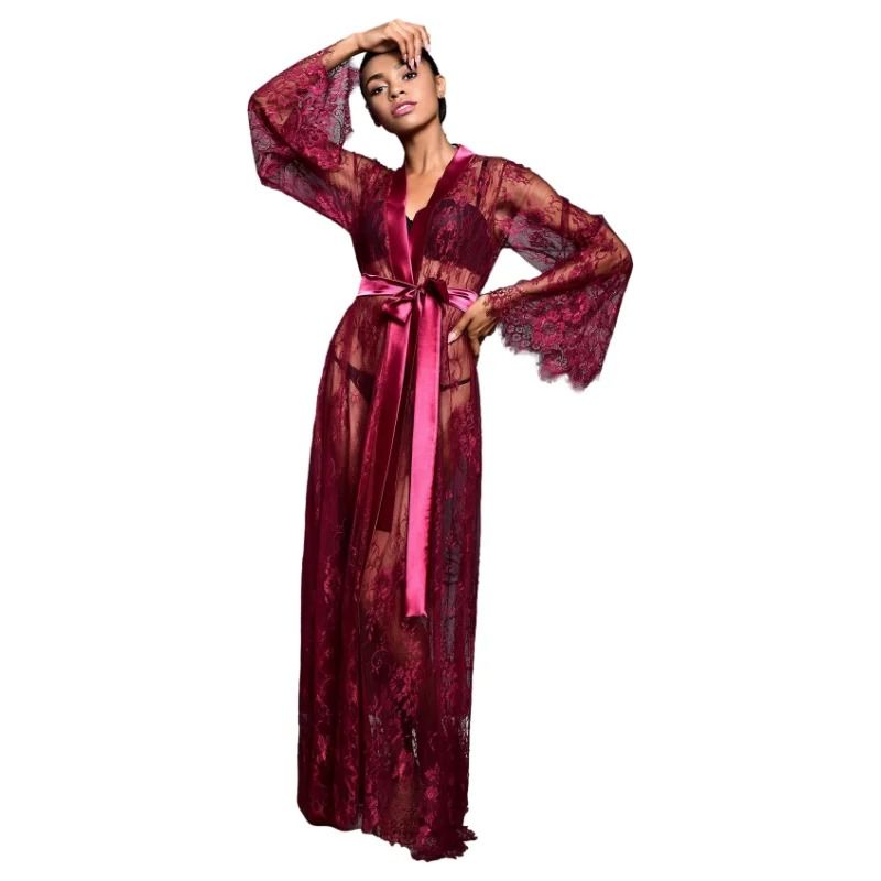 Womens Long Lace Sheer Nightgown – White Bridesmaid Robe & Sensual Kimono Bride Lingerie