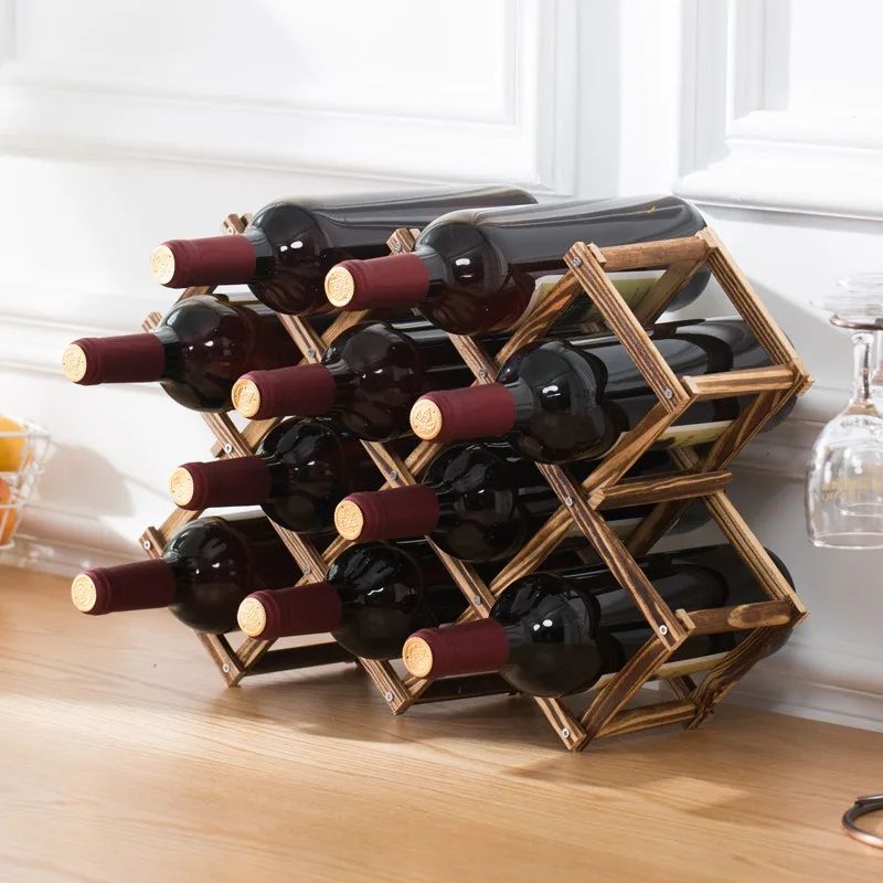 Foldable Wooden Wine Rack Countertop Organizer, 3–10 Bottle Display Holder Stand