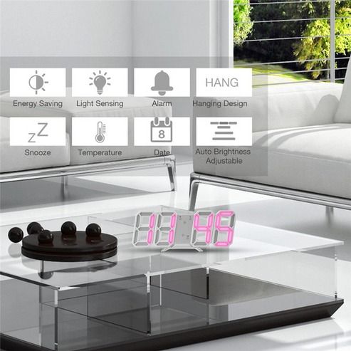 LED Big Wall Clock, USB Powered Digital Alarm, Snooze Function, Auto Brightness