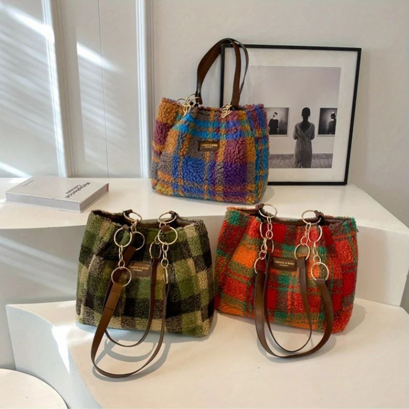 Red Plaid Lambswool Shoulder Tote Bag for Women – Large Capacity Autumn Winter Underarm Purse, Cozy Soft Fashion Handbag