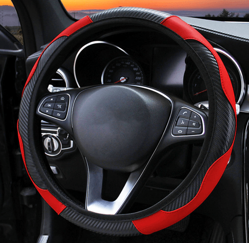 Red & Black Leather Car Steering Wheel Cover, Anti-slip Carbon Fiber, Universal Fit