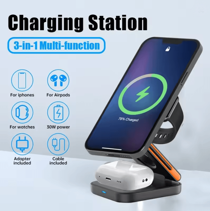 30W 3in1 Foldable Magnetic Wireless Charger Stand for iPhone Apple Watch and AirPods