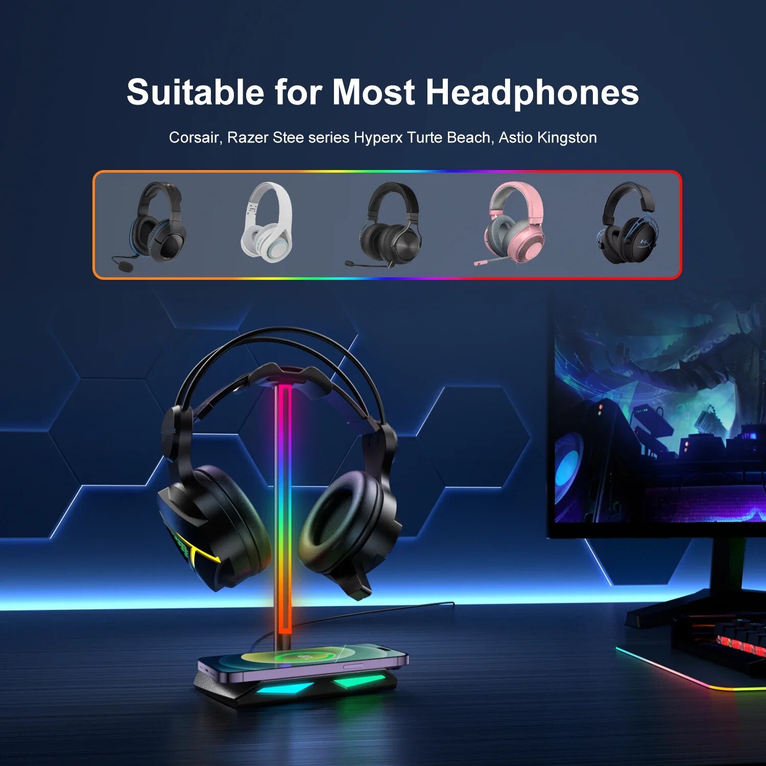 RGB Gaming Headphones Stand Holder, Wireless Charger Base, Non-Slip Rubber Desk Organizer
