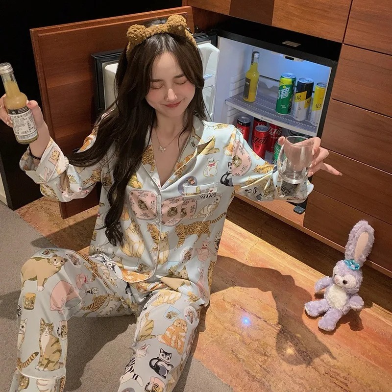 Women Cartoon Sleepwear Autumn Winter Pajamas Long Sleeve Long Trousers HomeWear Loungewear Nightwear