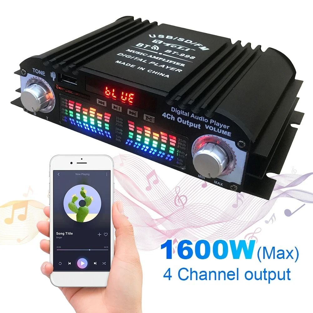Bluetooth HiFi Power Amplifier 4 Channel Digital Audio Amplifier With FM And Remote