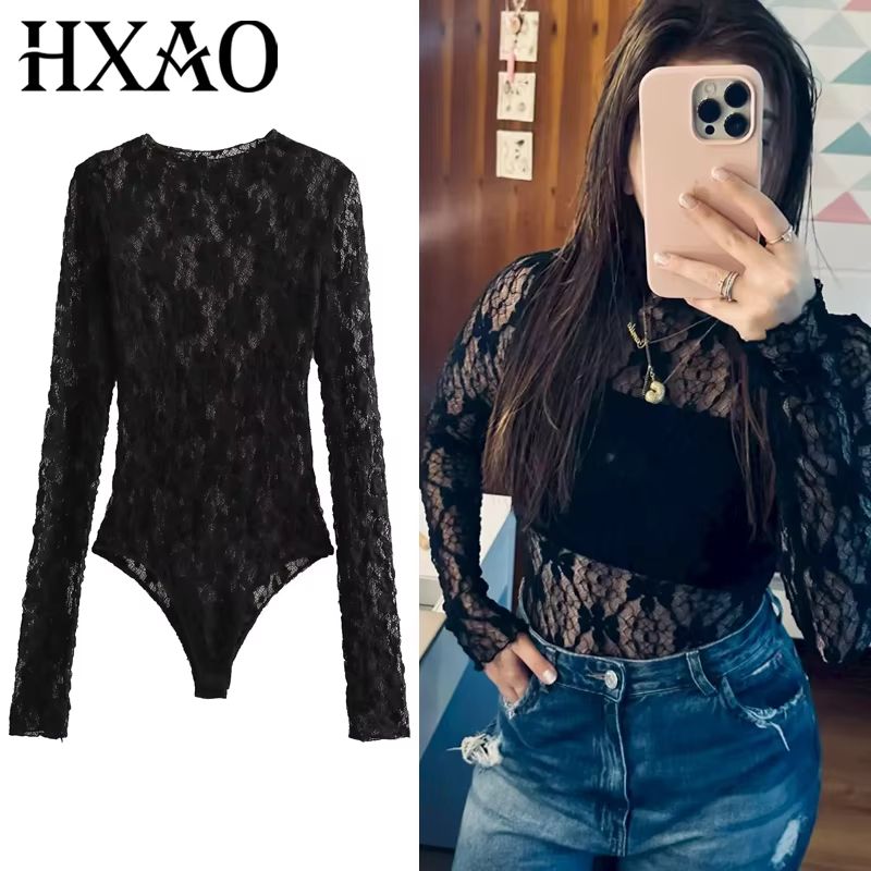 Elegant Black Lace Bodysuit with Long Sleeves – Sheer Lace Lingerie Bodysuit with Hollow Out Cutwork