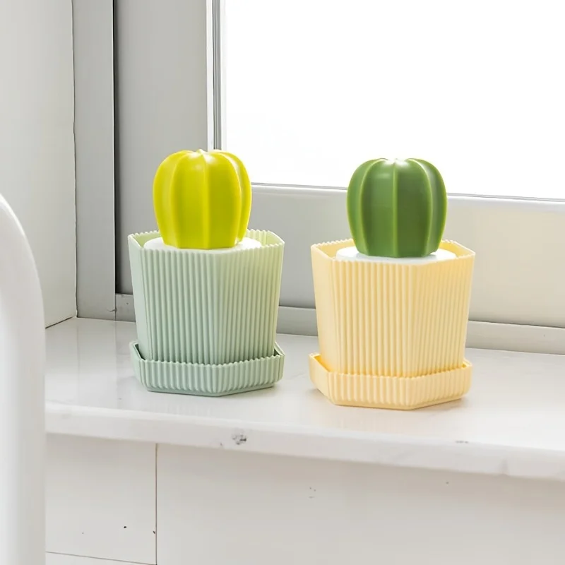 Household Kitchen Cleaning Brush, Cactus Dishwashing Brush, Pot Wash Brush with Handle, Nano Cleaning Ball for Effortles
