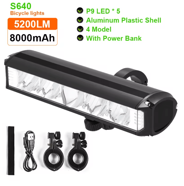 Rechargeable Bicycle Headlight 5200 Lumen with Power Bank and 5 LED Front Light