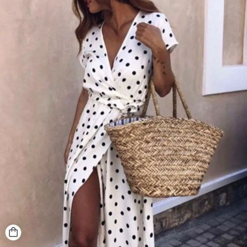 Women White Boho Polka Dot V Neck Summer Maxi Dress
