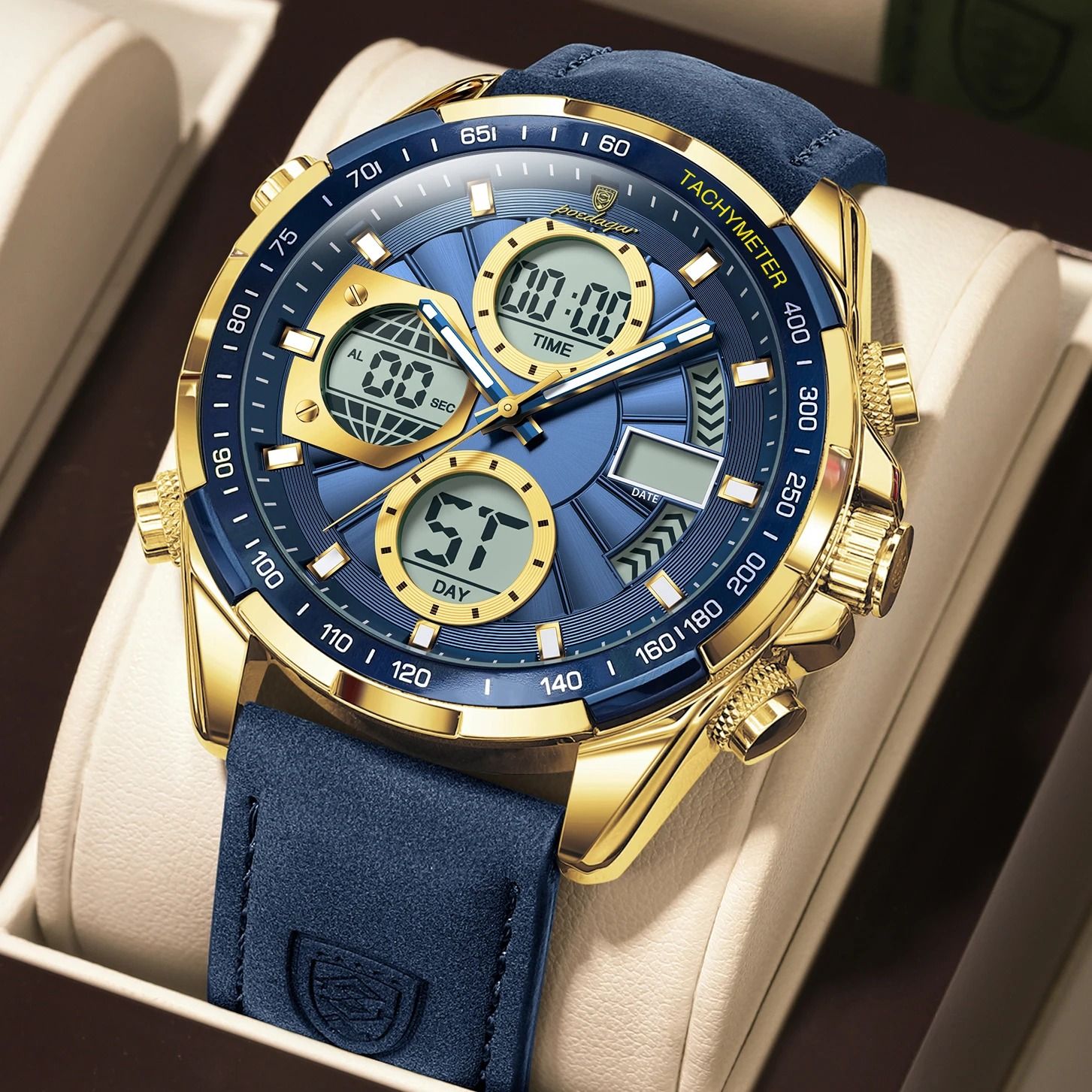 Poedagar LED Dual Time Mens Watch with Week Date Display and Quartz Movement