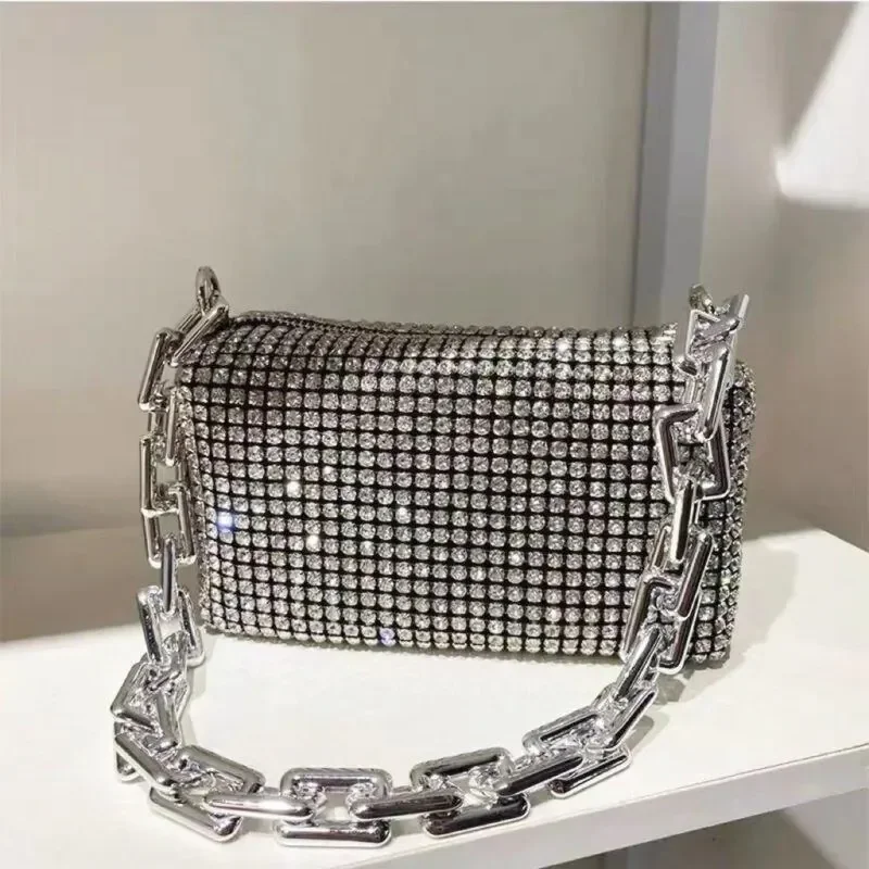 Allover Rhinestone Bucket Bag, Glitter Chain Mini Crossbody Prom Purse for Women
