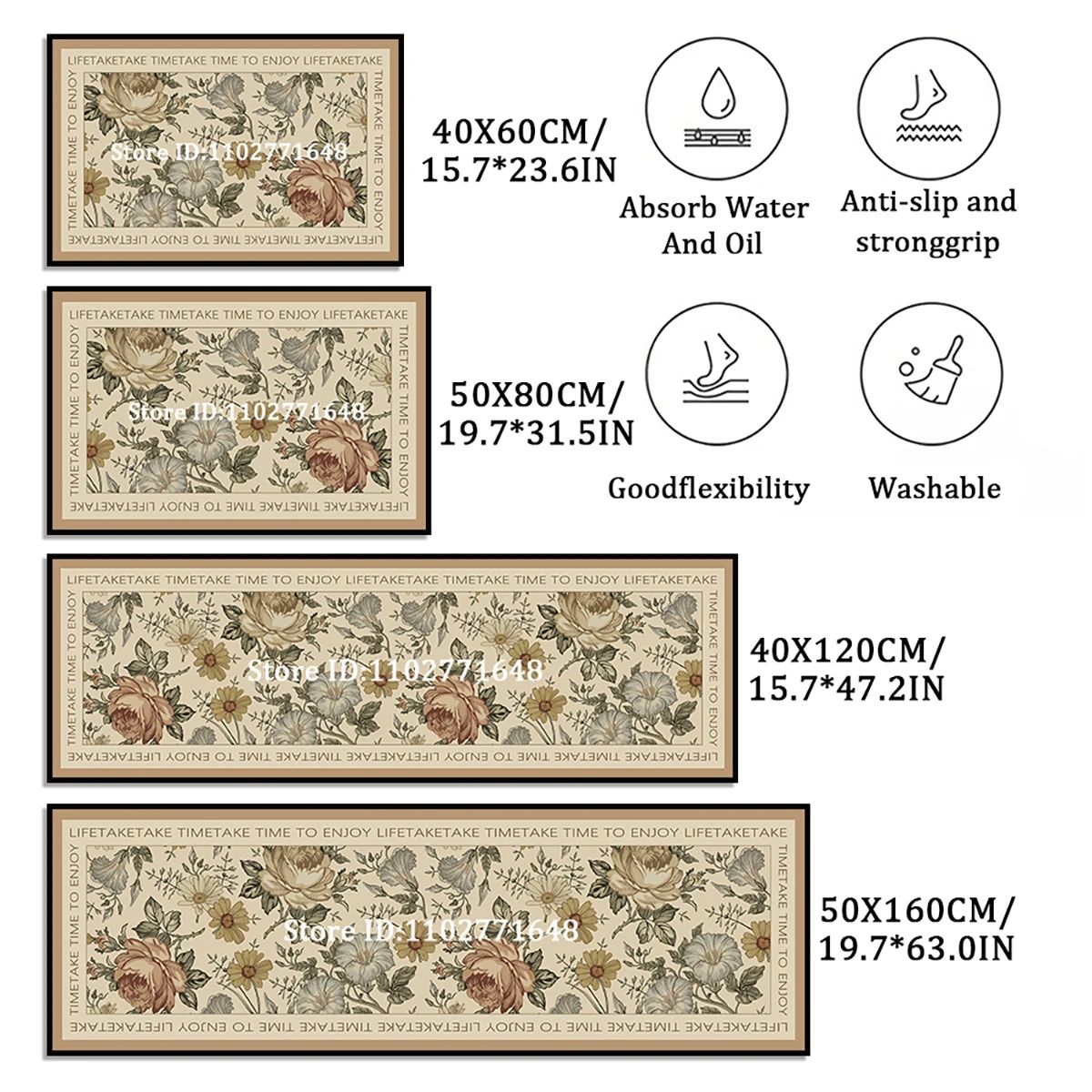 Floral Non Slip Absorbent Kitchen Rug