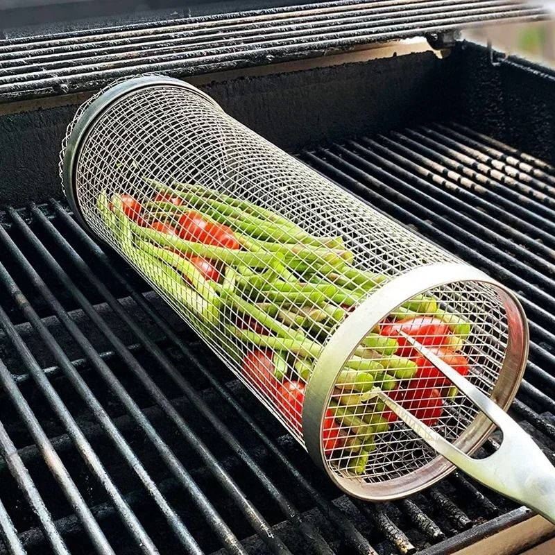 Circular Stainless Steel Rolling BBQ Basket – 360° Rotating Mesh Grill Cylinder