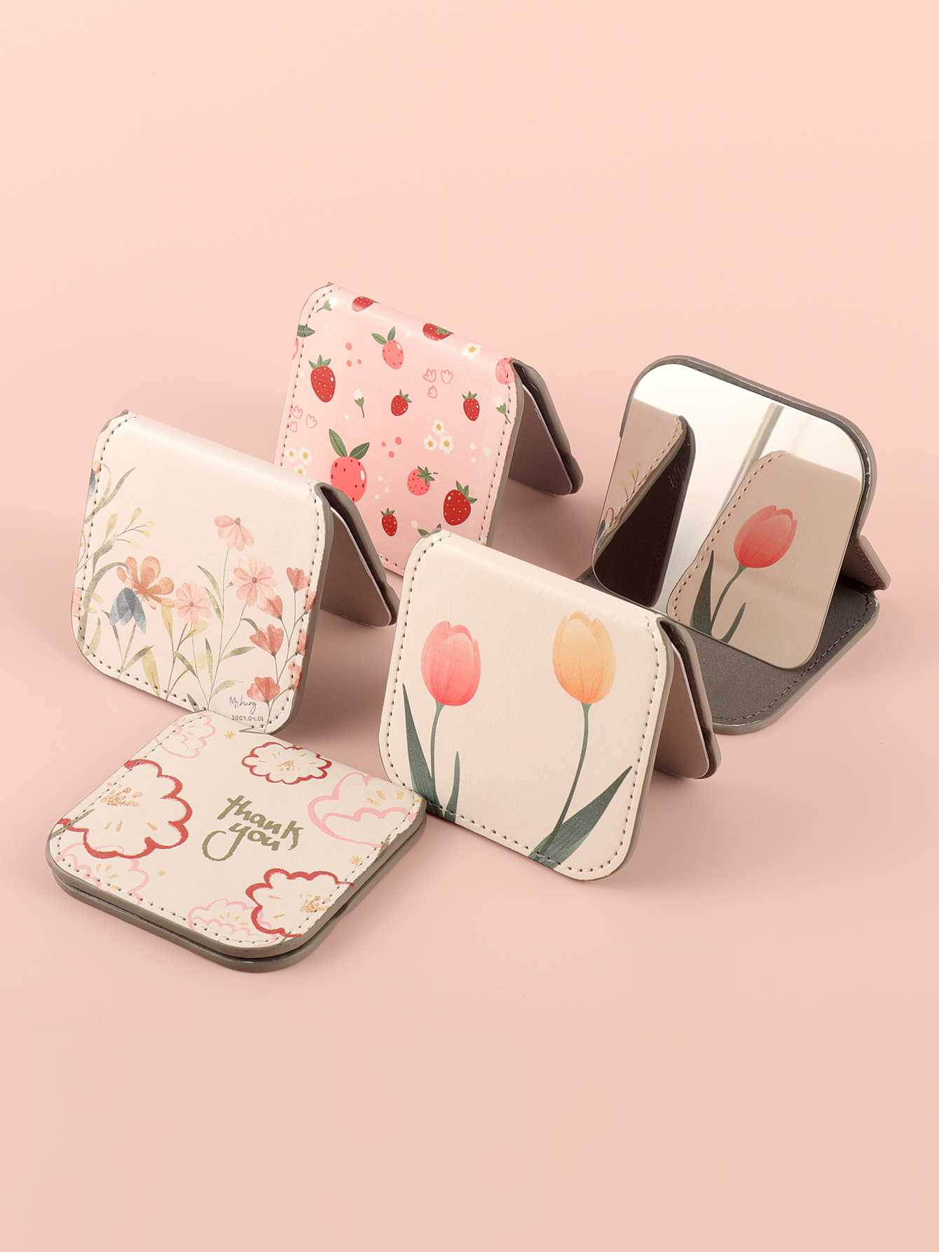 Portable Square Stainless Steel Makeup Mirror, Printed Pattern, Anti Fall, Dirt Resistant, Desktop Handheld Pocket