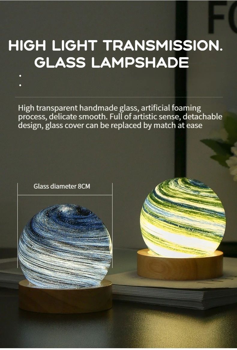 USB Powered 3D Moon Glass Night Lamp with Wooden Stand