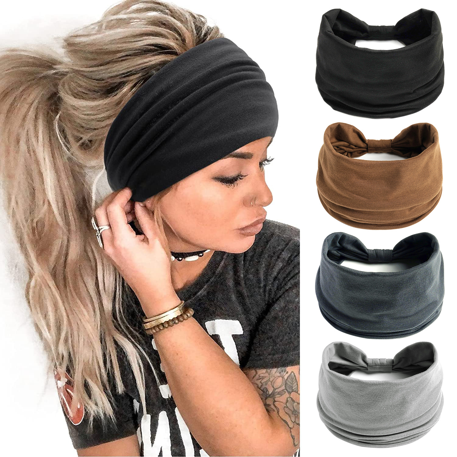 Stylish Wide Headbands for Women, Cotton Boho Hair Wraps, Yoga Sport Turban, Non Slip Bandana Accessories
