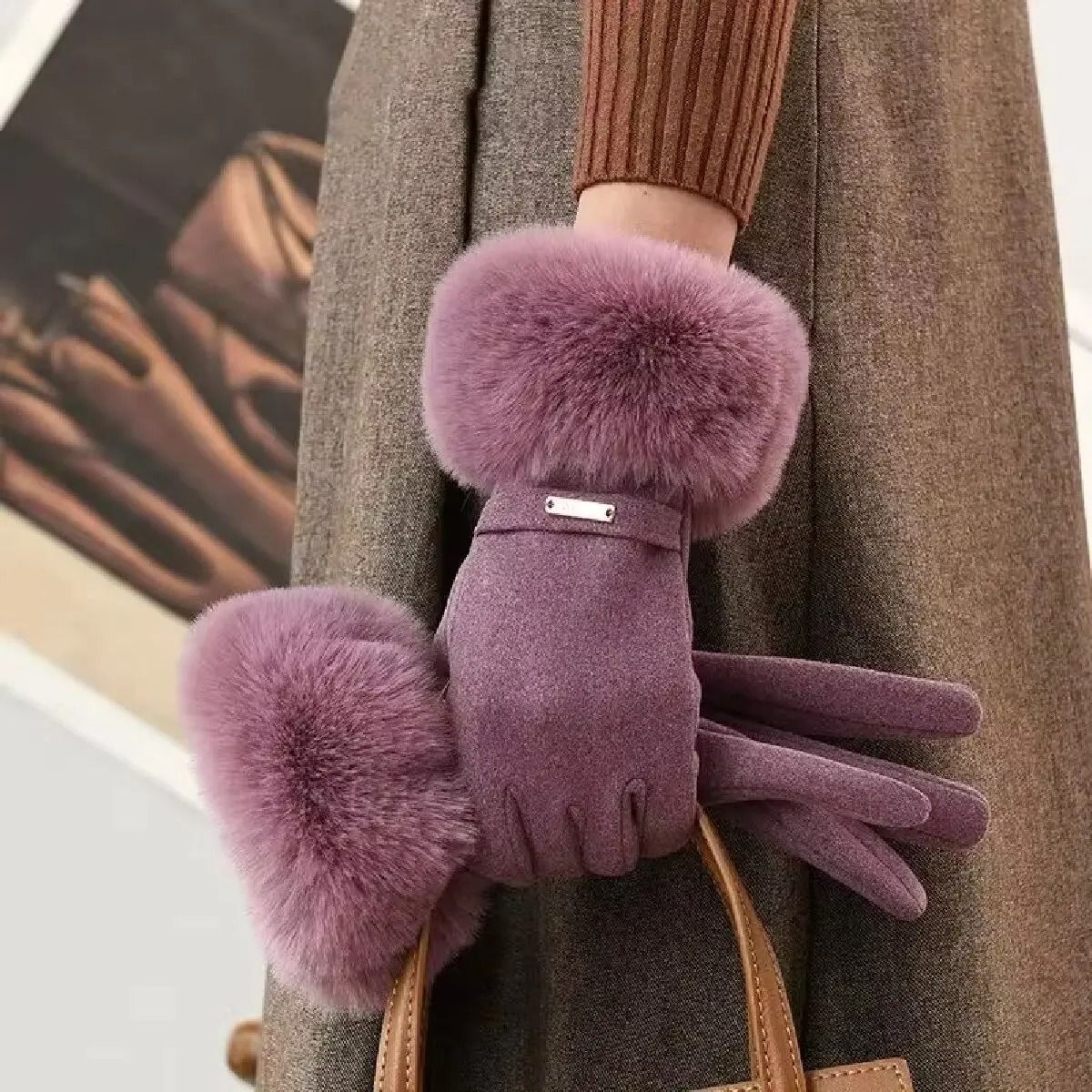 Winter Women Warm Plush Touch Screen Suede Gloves