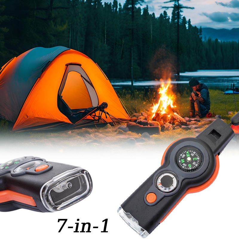 Multifunctional Outdoor Survival Whistle with LED Light Compass Thermometer Tool