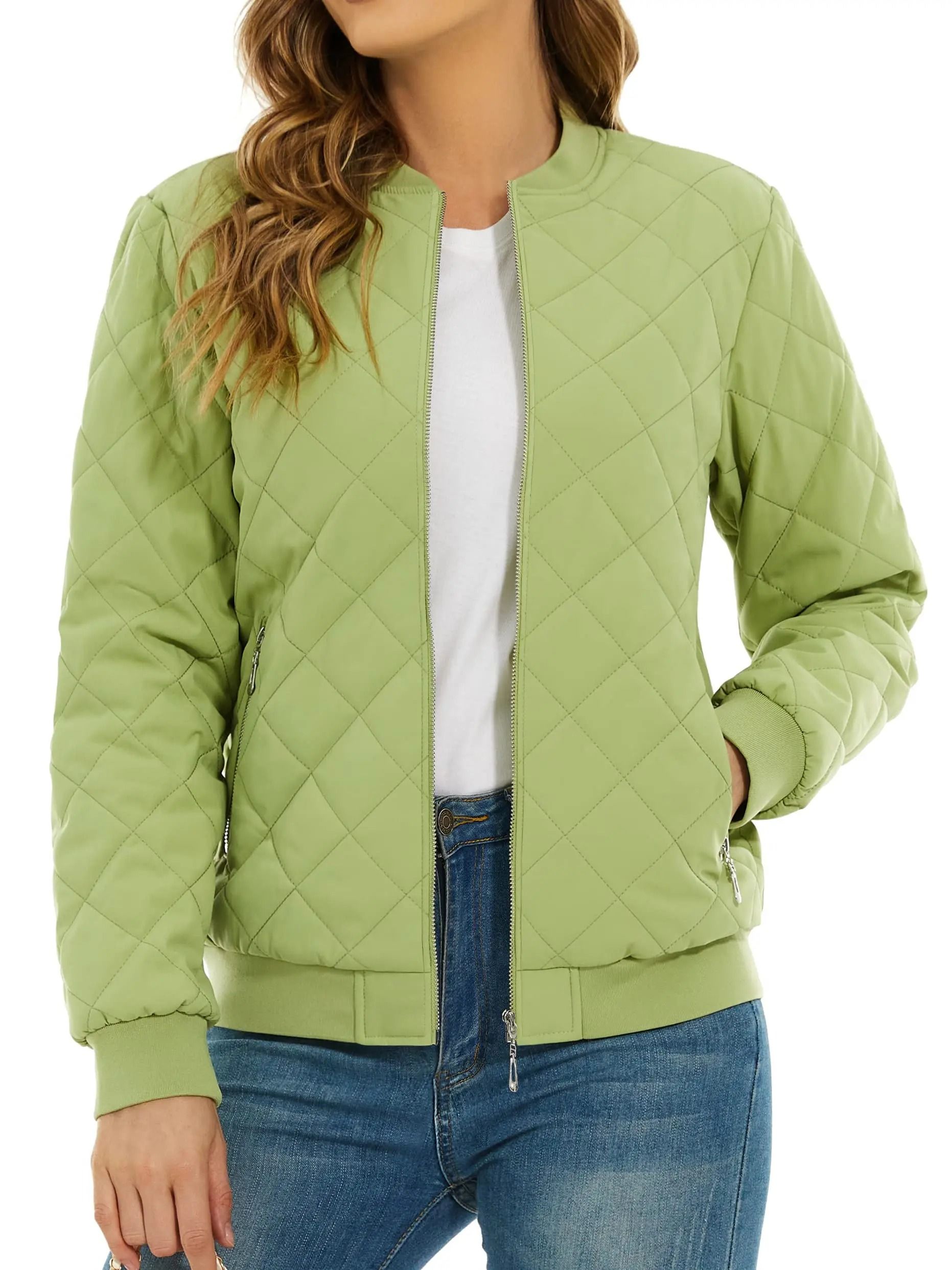 Womens Diamond Quilted Bomber Jacket Full Zip Warm Padded Coat
