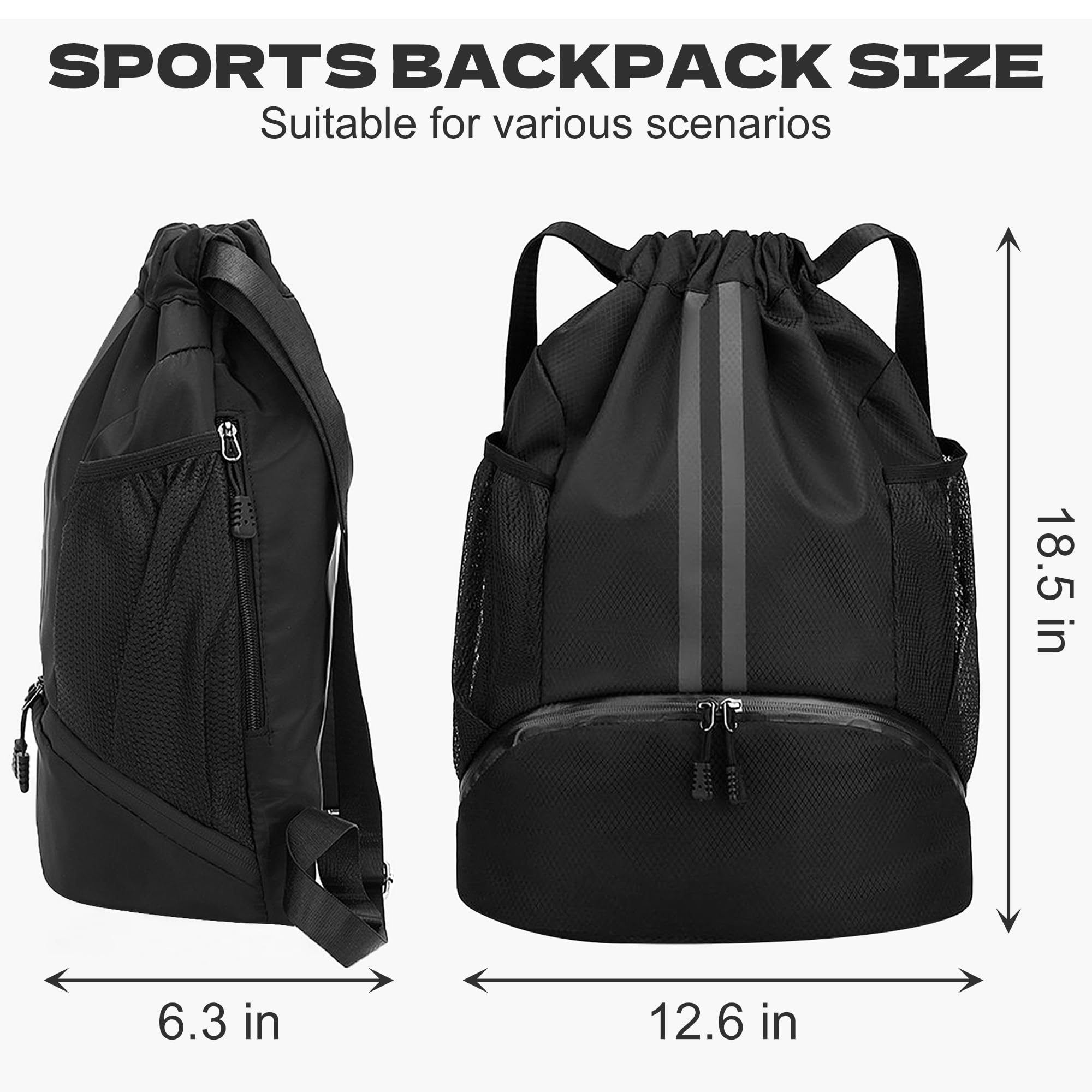 Waterproof Drawstring Gym Backpack with Wet Dry Compartment for Swimming Basketball & Fitness