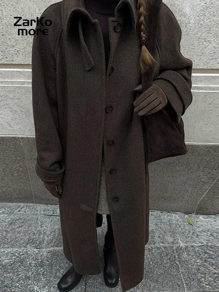 Elegant Womens Grey Belted Wool Coat Double Breasted Long Winter Peacoat