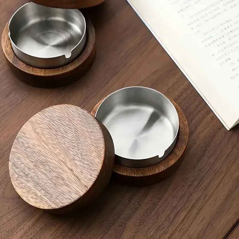 Round Wooden Ashtray with Lid