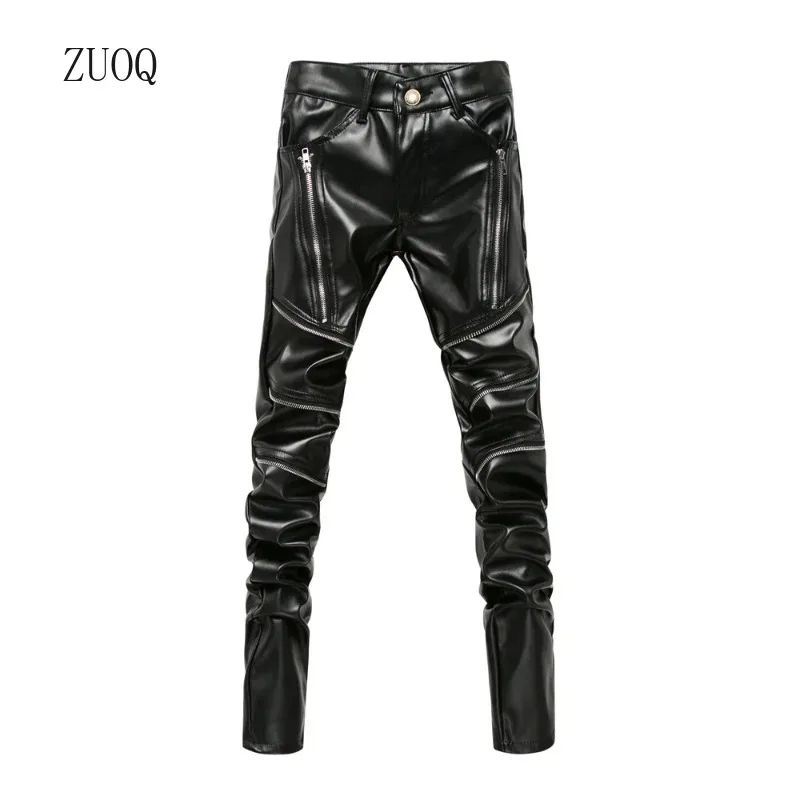 Men's High Waist PU Leather Skinny Biker Pants – Slim Fit Motorcycle Clubwear Trousers