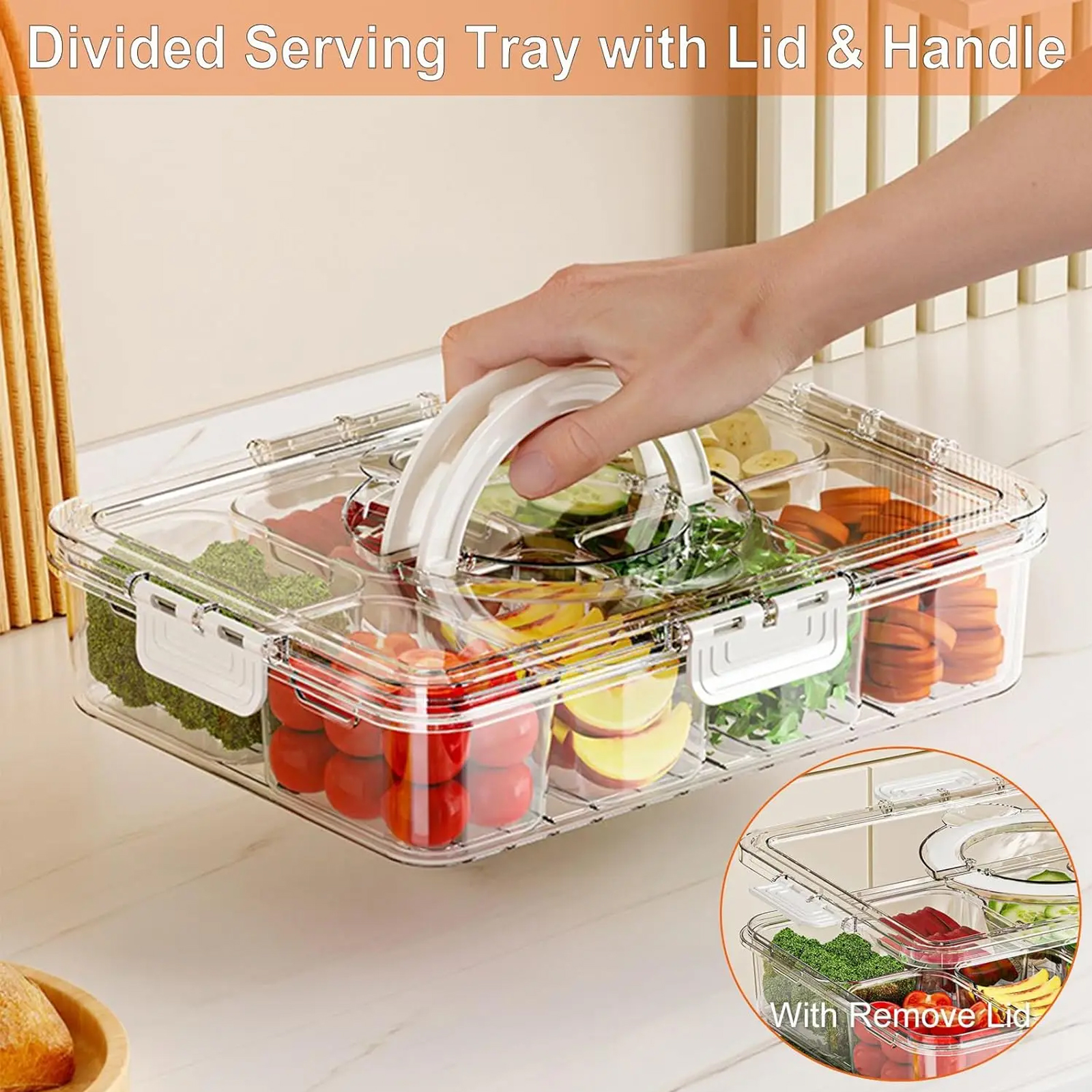 Snack Box with Lid, Divided Plate for Food Storage, Fruit & Vegetable Snack Box for Refrigerator