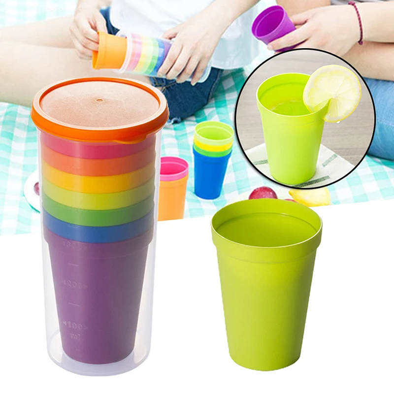 7pcs Rainbow Plastic Cups Set, Reusable Travel Water Mug, Portable Party Kids Drink Cup