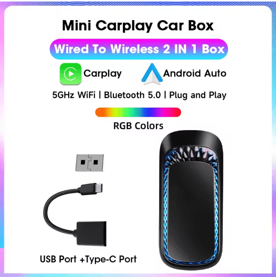 Wireless CarPlay and Android Auto Mini Smart Box with RGB Lighting
