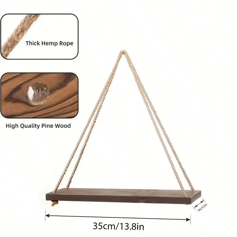 Wooden Hanging Rope Shelf Floating Wall Plant Display Tray