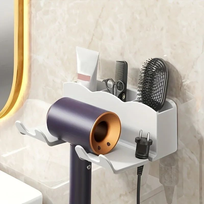 No-Drill Wall Mounted Hair Dryer Holder with Storage Rack – Space-Saving Bathroom Organizer