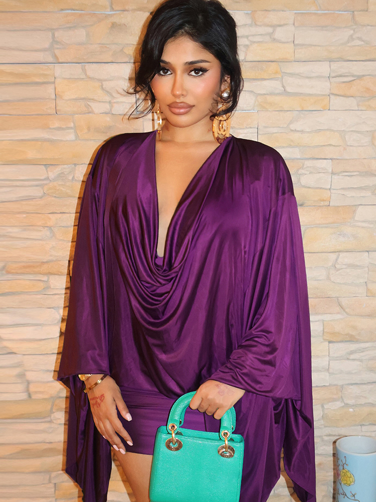 Spring Elegant Classic Satin Dress for Women, Deep V-Neck, Swing Long Sleeve, Simple Midnight Clubwear, Midnight Skinny