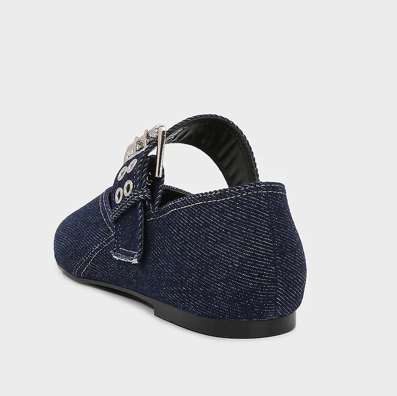 Womens Denim Blue Ballet Flats, Lightweight Designer Mary Jane Shoes with Metal Buckle Strap, Casual Fashion Flats