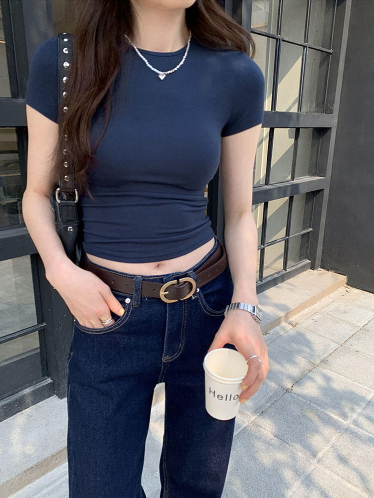 Basic Solid Crop Top T-shirt for Women, Vintage Crewneck Casual Tee, Streetwear for Summer