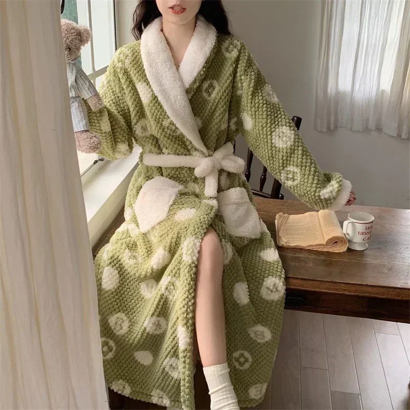 CozyLuxe Coral Fleece Long Bathrobe – Women's Warm Winter Spa Robe & Nightgown