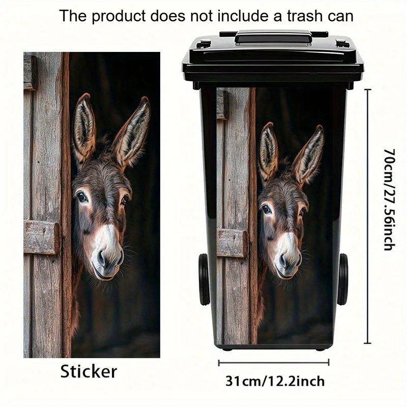 Donkey Painting Trash Can Sticker – Self-Adhesive Removable PVC Farm Animal Decal with Wooden Texture & Curious Eyes